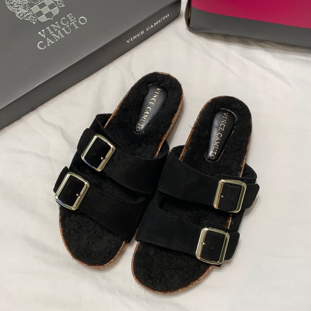 NEW Vince Camino Black Suede Fur-lined Mules